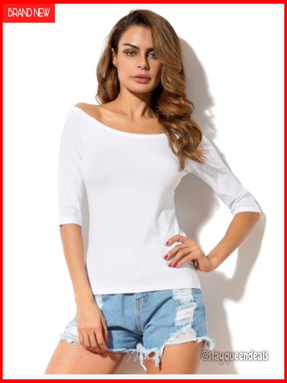 Off Shoulder Boat Neck Half Sleeve Cotton Blouse Summer Top Slim Fit - Picture 5 of 7